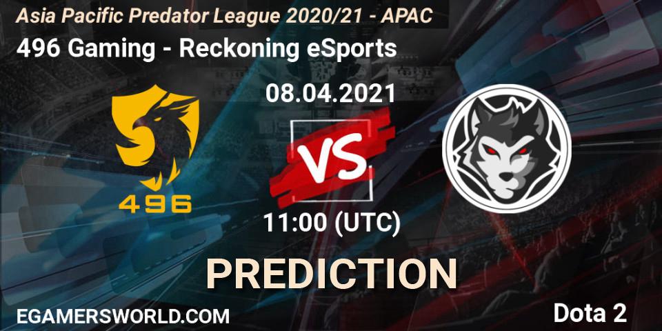 496 Gaming vs Reckoning eSports: Match Prediction. 08.04.2021 at 11:02, Dota 2, Asia Pacific Predator League 2020/21 - APAC