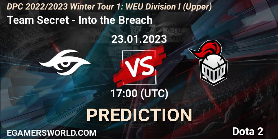 Team Secret vs Into the Breach: Match Prediction. 23.01.2023 at 17:19, Dota 2, DPC 2022/2023 Winter Tour 1: WEU Division I (Upper)
