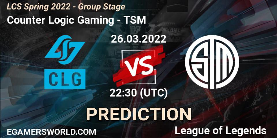 Counter Logic Gaming vs TSM: Match Prediction. 26.03.2022 at 23:30, LoL, LCS Spring 2022 - Group Stage