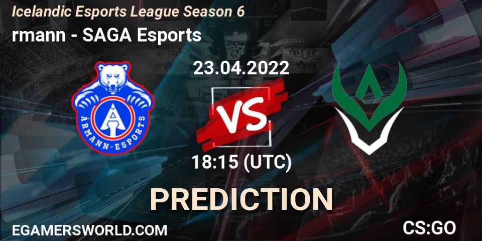 Ármann vs SAGA Esports: Match Prediction. 23.04.2022 at 18:15, Counter-Strike (CS2), Icelandic Esports League Season 6
