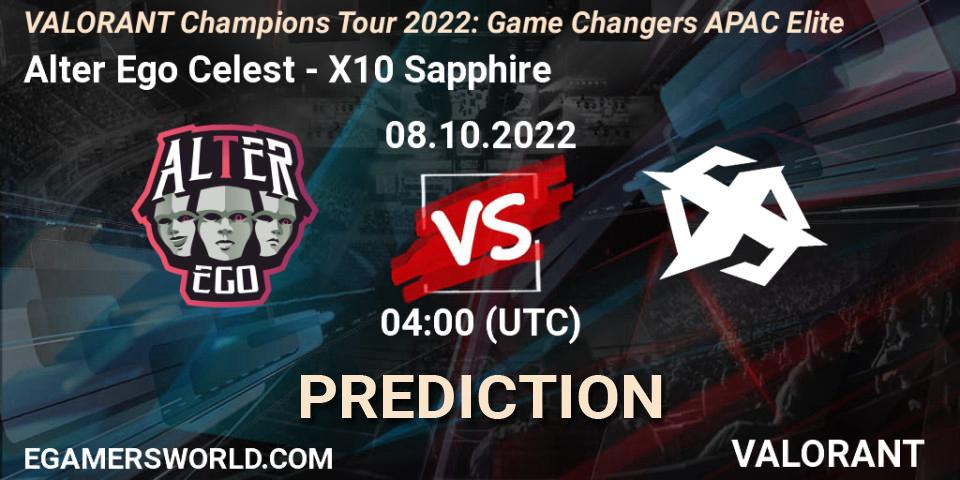 Alter Ego Celestè vs X10 Sapphire: Match Prediction. 08.10.2022 at 04:00, VALORANT, VCT 2022: Game Changers APAC Elite