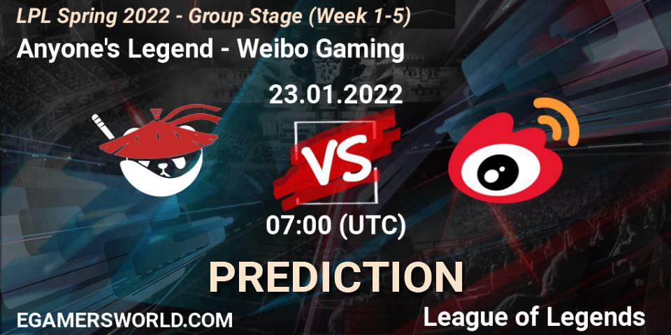 Anyone's Legend vs Weibo Gaming: Match Prediction. 23.01.22, LoL, LPL Spring 2022 - Group Stage (Week 1-5)