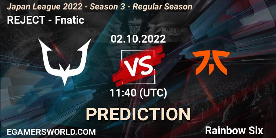 REJECT vs Fnatic: Match Prediction. 02.10.2022 at 11:40, Rainbow Six, Japan League 2022 - Season 3 - Regular Season