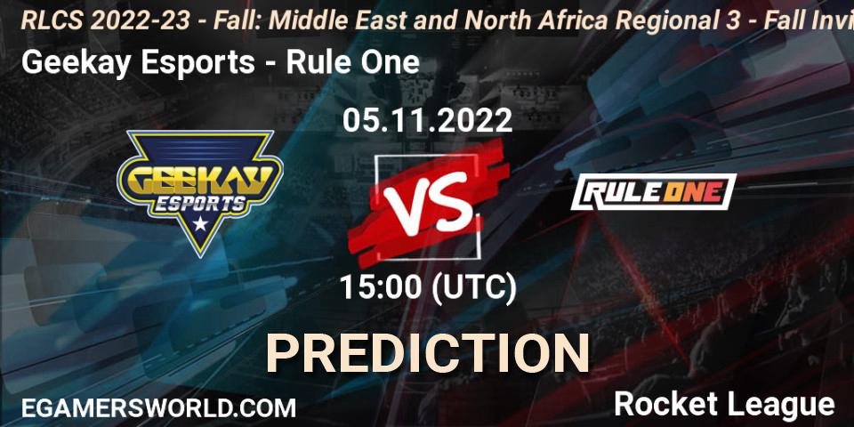 Geekay Esports vs Rule One: Match Prediction. 05.11.2022 at 15:00, Rocket League, RLCS 2022-23 - Fall: Middle East and North Africa Regional 3 - Fall Invitational