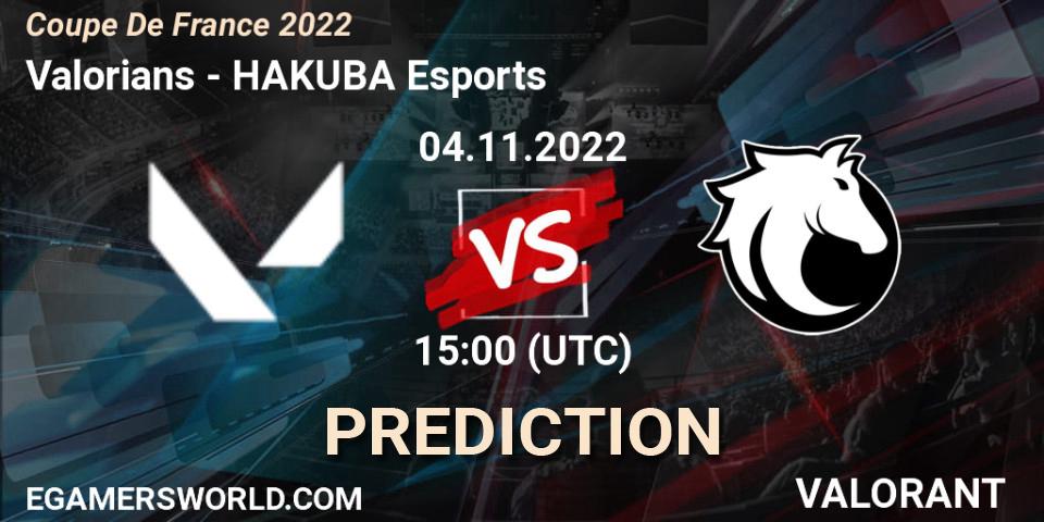 Valorians vs HAKUBA Esports: Match Prediction. 04.11.2022 at 15:05, VALORANT, Coupe De France 2022