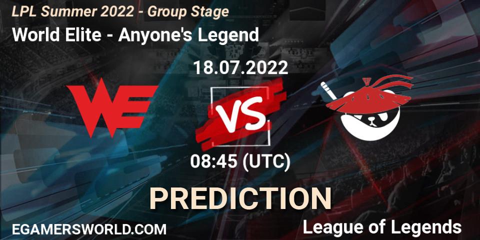 World Elite vs Anyone's Legend: Match Prediction. 18.07.2022 at 09:00, LoL, LPL Summer 2022 - Group Stage