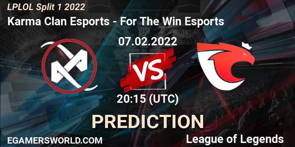 Karma Clan Esports vs For The Win Esports: Match Prediction. 07.02.2022 at 20:15, LoL, LPLOL Split 1 2022