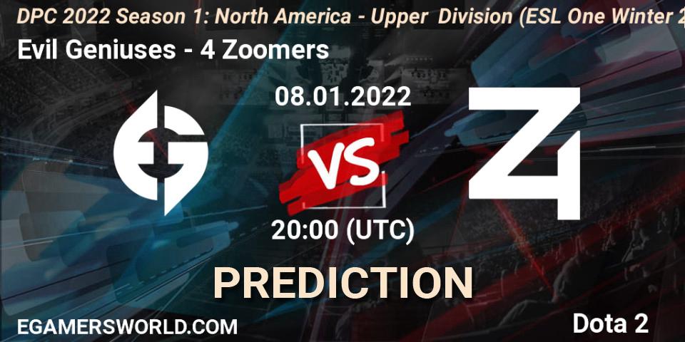 Evil Geniuses vs 4 Zoomers: Match Prediction. 08.01.2022 at 20:13, Dota 2, DPC 2022 Season 1: North America - Upper Division (ESL One Winter 2021)