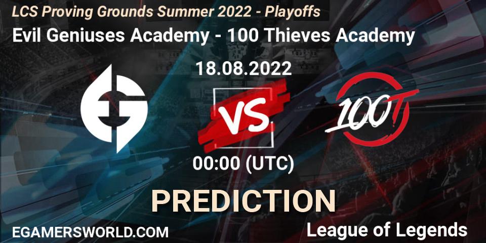 Evil Geniuses Academy vs 100 Thieves Academy: Match Prediction. 18.08.2022 at 00:00, LoL, LCS Proving Grounds Summer 2022 - Playoffs