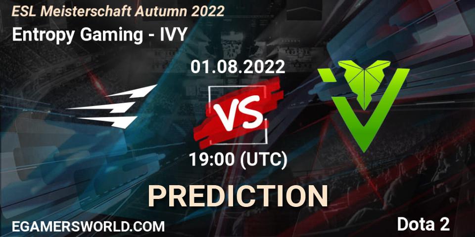 Entropy Gaming vs IVY: Match Prediction. 01.08.2022 at 19:27, Dota 2, ESL Meisterschaft Autumn 2022
