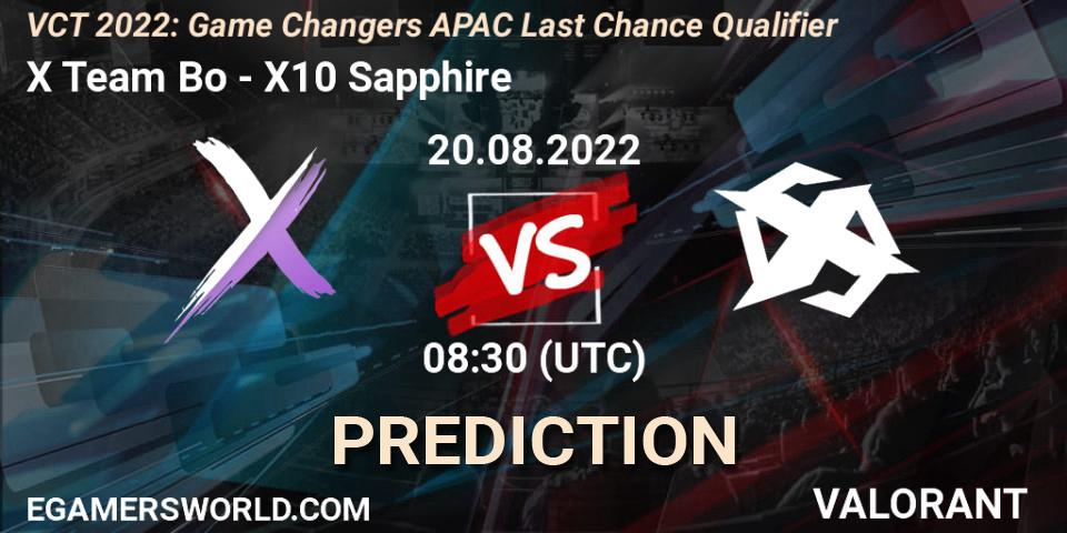 X Team Bo vs X10 Sapphire: Match Prediction. 20.08.2022 at 08:30, VALORANT, VCT 2022: Game Changers APAC Last Chance Qualifier