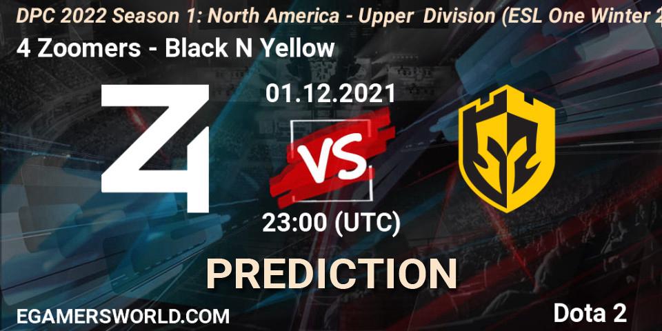 4 Zoomers vs Black N Yellow: Match Prediction. 01.12.2021 at 23:17, Dota 2, DPC 2022 Season 1: North America - Upper Division (ESL One Winter 2021)