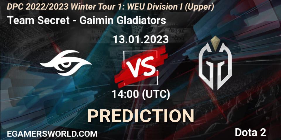 Team Secret vs Gaimin Gladiators: Match Prediction. 13.01.2023 at 13:55, Dota 2, DPC 2022/2023 Winter Tour 1: WEU Division I (Upper)