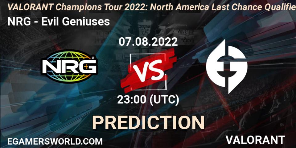 NRG vs Evil Geniuses: Match Prediction. 07.08.2022 at 23:05, VALORANT, VCT 2022: North America Last Chance Qualifier