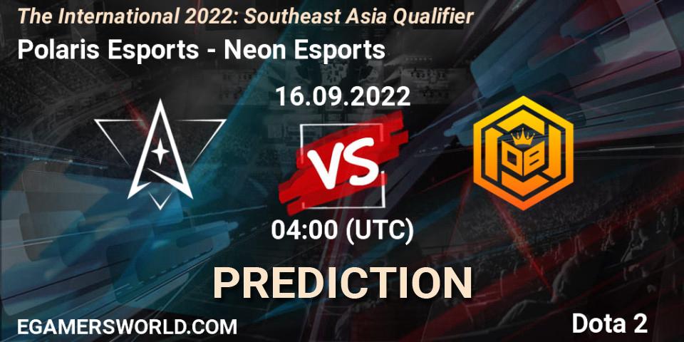 Polaris Esports vs Neon Esports: Match Prediction. 16.09.2022 at 04:03, Dota 2, The International 2022: Southeast Asia Qualifier