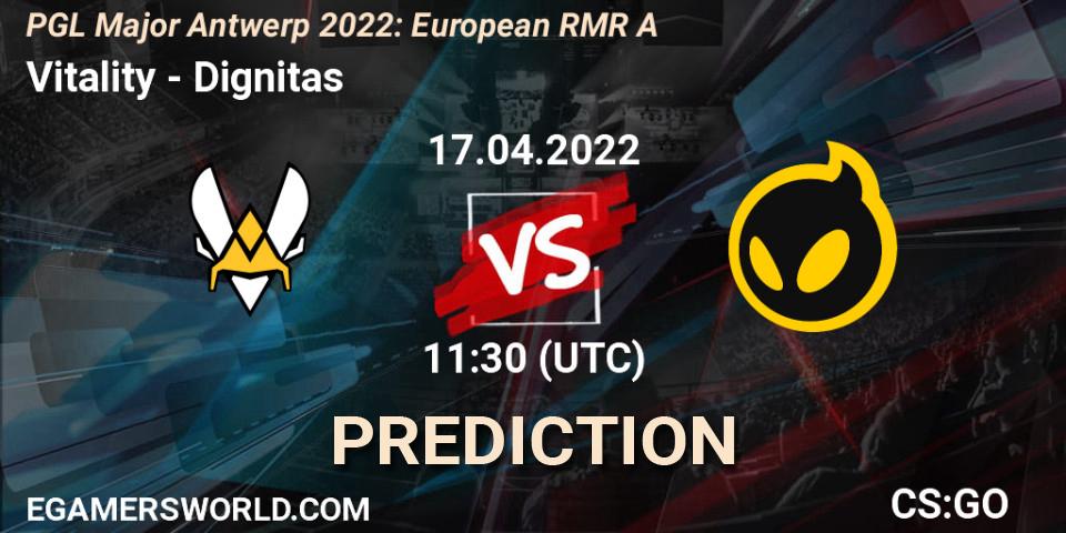 Vitality vs Dignitas: Match Prediction. 17.04.2022 at 11:10, Counter-Strike (CS2), PGL Major Antwerp 2022: European RMR A