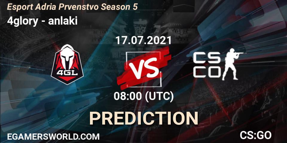 4glory vs anlaki: Match Prediction. 17.07.2021 at 08:00, Counter-Strike (CS2), Esport Adria Prvenstvo Season 5