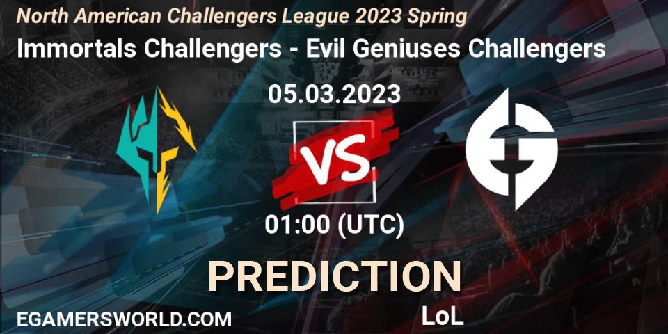 Immortals Challengers vs Evil Geniuses Challengers: Match Prediction. 05.03.23, LoL, NACL 2023 Spring - Group Stage