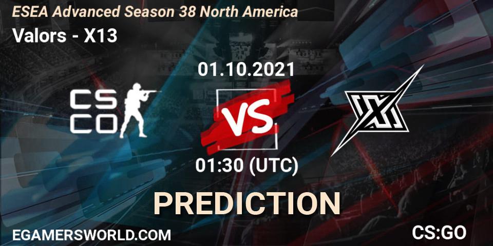 Valors vs X13: Match Prediction. 01.10.2021 at 01:30, Counter-Strike (CS2), ESEA Advanced Season 38 North America