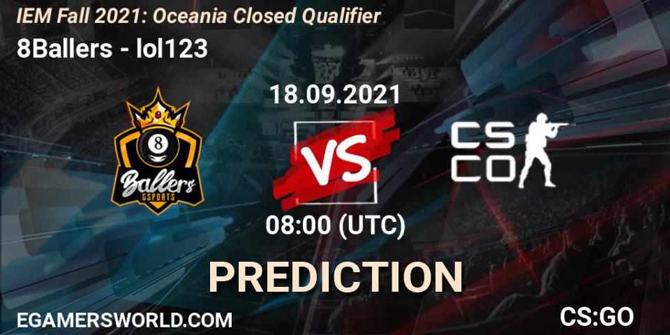 8Ballers vs lol123: Match Prediction. 18.09.2021 at 08:10, Counter-Strike (CS2), IEM Fall 2021: Oceania Closed Qualifier