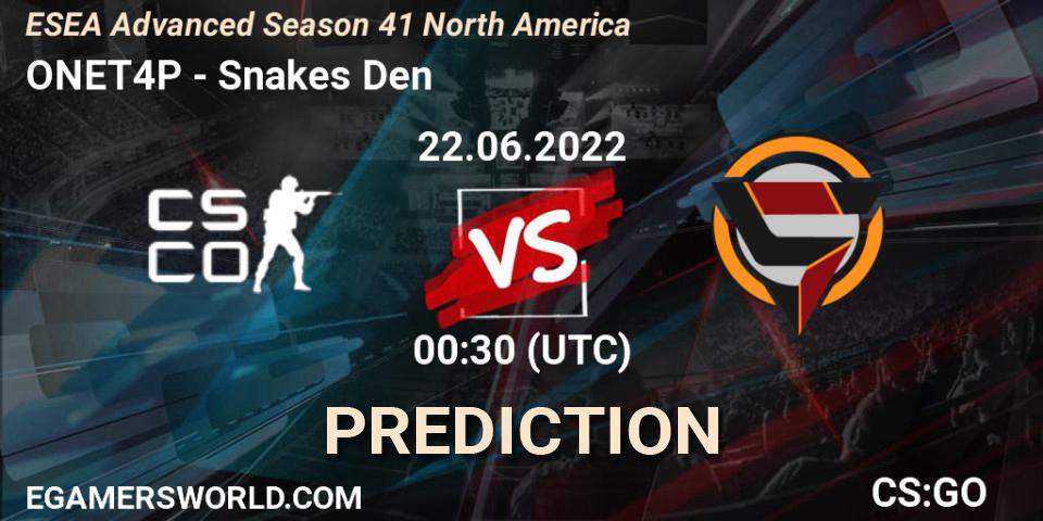 ONET4P vs Snakes Den: Match Prediction. 22.06.2022 at 00:30, Counter-Strike (CS2), ESEA Advanced Season 41 North America