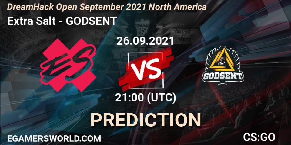 Extra Salt vs GODSENT: Match Prediction. 26.09.2021 at 21:25, Counter-Strike (CS2), DreamHack Open September 2021 North America