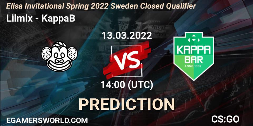 Lilmix vs KappaB: Match Prediction. 13.03.2022 at 14:00, Counter-Strike (CS2), Elisa Invitational Spring 2022 Sweden Closed Qualifier