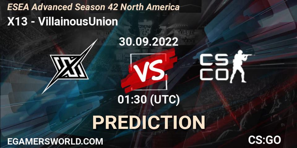 X13 vs VillainousUnion: Match Prediction. 30.09.2022 at 01:00, Counter-Strike (CS2), ESEA Advanced Season 42 North America