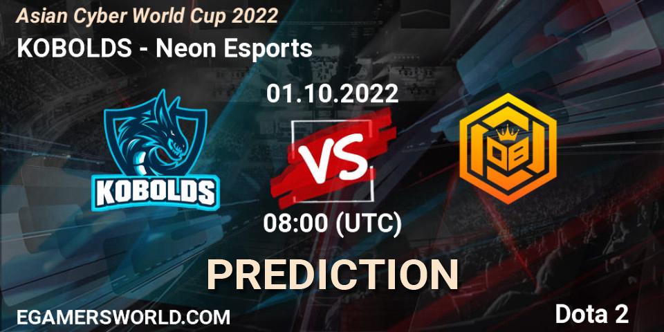 KOBOLDS vs Neon Esports: Match Prediction. 01.10.2022 at 09:11, Dota 2, Asian Cyber World Cup 2022