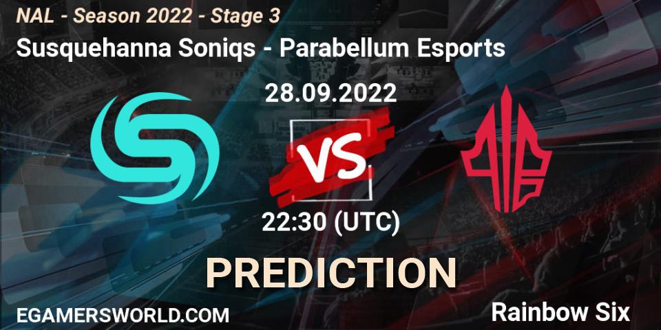 Susquehanna Soniqs vs Parabellum Esports: Match Prediction. 28.09.2022 at 22:30, Rainbow Six, NAL - Season 2022 - Stage 3