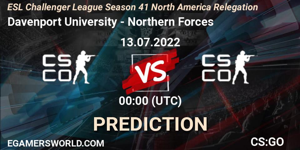 Davenport University vs Northern Forces: Match Prediction. 13.07.2022 at 00:00, Counter-Strike (CS2), ESL Challenger League Season 41 North America Relegation