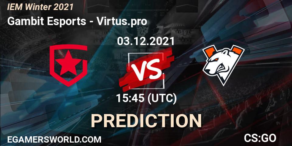Gambit Esports vs Virtus.pro: Match Prediction. 03.12.2021 at 15:45, Counter-Strike (CS2), IEM Winter 2021