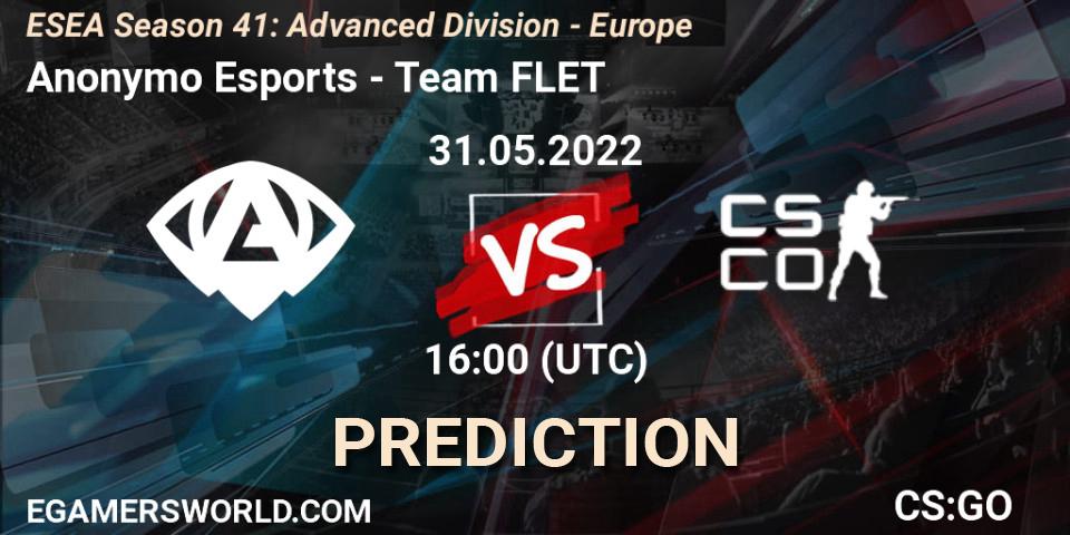 Anonymo Esports vs Team FLET: Match Prediction. 31.05.2022 at 16:00, Counter-Strike (CS2), ESEA Season 41: Advanced Division - Europe