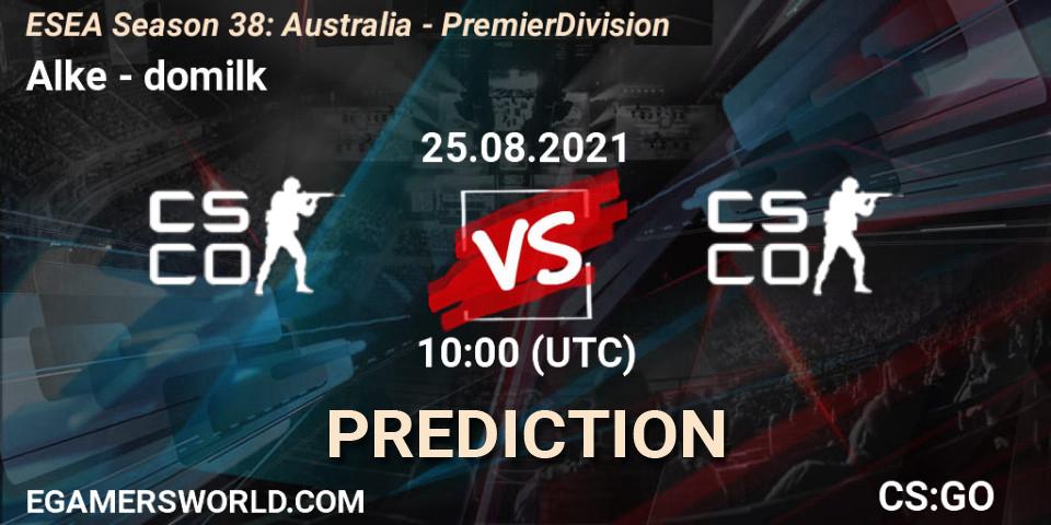 Alke vs domilk: Match Prediction. 25.08.2021 at 10:00, Counter-Strike (CS2), ESEA Season 38: Australia - Premier Division
