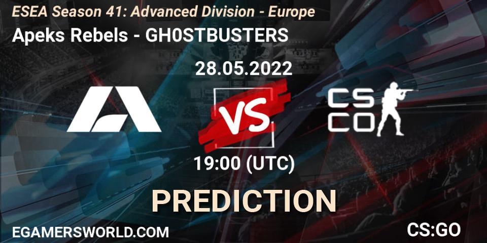 Apeks Rebels vs GH0STBUSTERS: Match Prediction. 28.05.2022 at 19:00, Counter-Strike (CS2), ESEA Season 41: Advanced Division - Europe