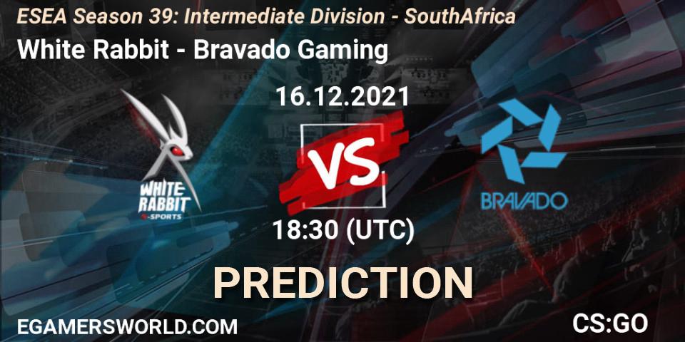 White Rabbit vs Bravado Gaming: Match Prediction. 16.12.2021 at 18:30, Counter-Strike (CS2), ESEA Season 39: Intermediate Division - South Africa