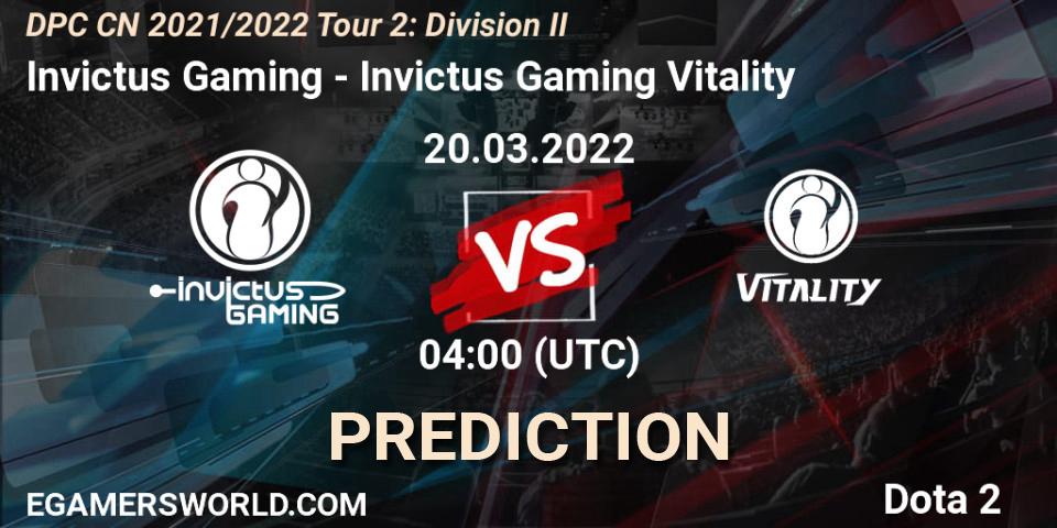 Invictus Gaming vs Invictus Gaming Vitality: Match Prediction. 20.03.2022 at 04:17, Dota 2, DPC 2021/2022 Tour 2: CN Division II (Lower)