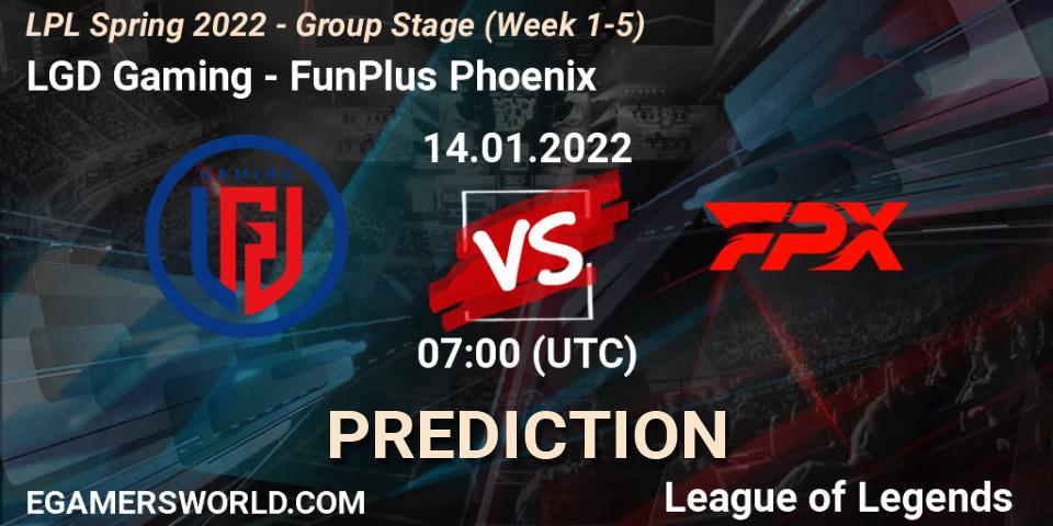 LGD Gaming vs FunPlus Phoenix: Match Prediction. 14.01.2022 at 07:00, LoL, LPL Spring 2022 - Group Stage (Week 1-5)