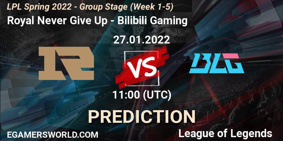 Royal Never Give Up vs Bilibili Gaming: Match Prediction. 27.01.2022 at 11:00, LoL, LPL Spring 2022 - Group Stage (Week 1-5)