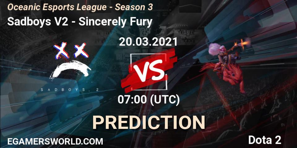 Sadboys V2 vs Sincerely Fury: Match Prediction. 20.03.2021 at 07:02, Dota 2, Oceanic Esports League - Season 3