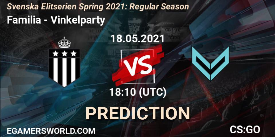 Familia vs Vinkelparty: Match Prediction. 18.05.2021 at 18:10, Counter-Strike (CS2), Svenska Elitserien Spring 2021: Regular Season