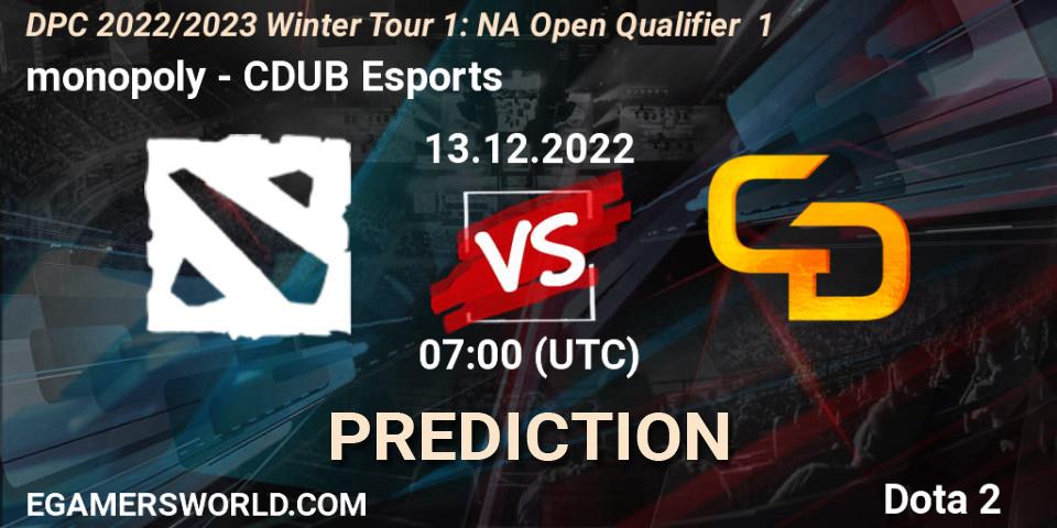 monopoly vs CDUB Esports: Match Prediction. 13.12.2022 at 06:49, Dota 2, DPC 2022/2023 Winter Tour 1: NA Open Qualifier 1