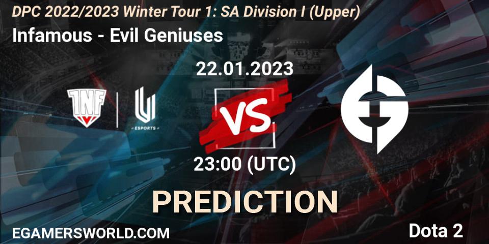 Infamous vs Evil Geniuses: Match Prediction. 22.01.23, Dota 2, DPC 2022/2023 Winter Tour 1: SA Division I (Upper) 