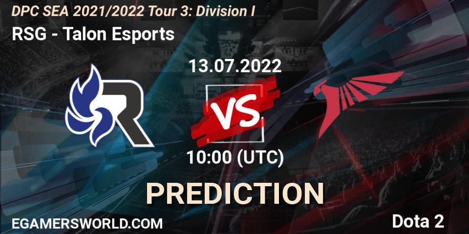 RSG vs Talon Esports: Match Prediction. 13.07.2022 at 10:44, Dota 2, DPC SEA 2021/2022 Tour 3: Division I