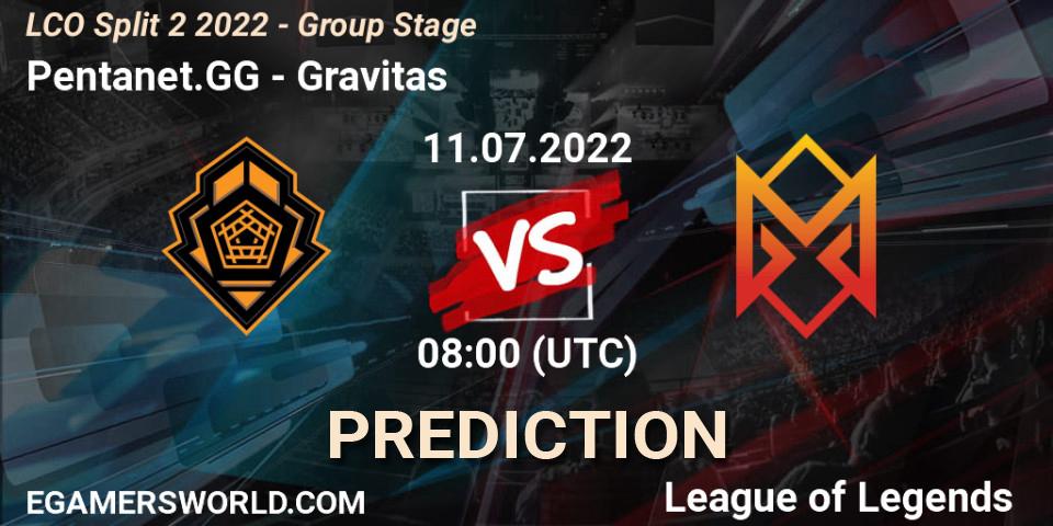 Pentanet.GG vs Gravitas: Match Prediction. 11.07.2022 at 08:00, LoL, LCO Split 2 2022 - Group Stage
