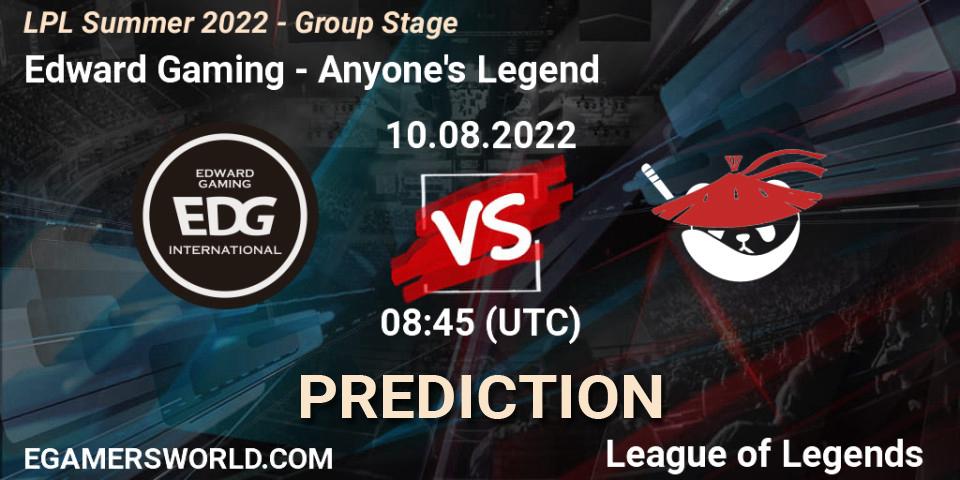 Edward Gaming vs Anyone's Legend: Match Prediction. 10.08.22, LoL, LPL Summer 2022 - Group Stage