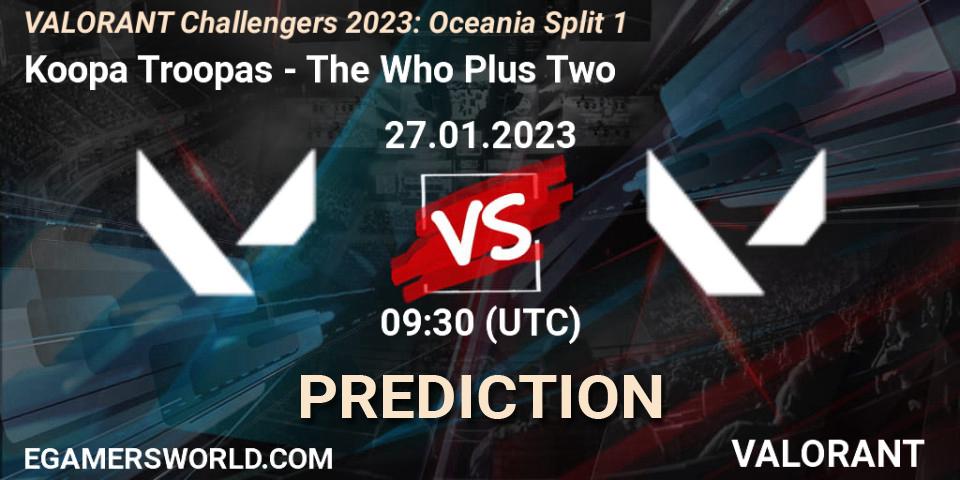 Koopa Troopas vs The Who Plus Two: Match Prediction. 27.01.2023 at 09:30, VALORANT, VALORANT Challengers 2023: Oceania Split 1