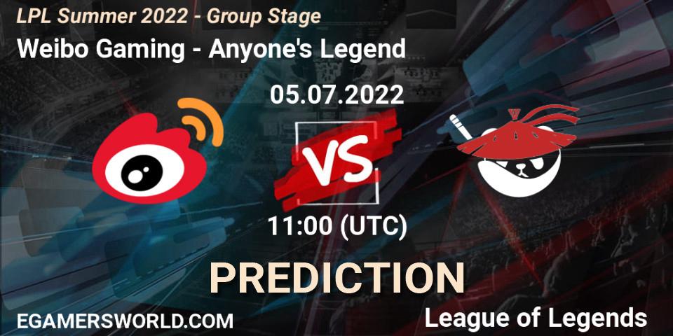 Weibo Gaming vs Anyone's Legend: Match Prediction. 05.07.22, LoL, LPL Summer 2022 - Group Stage