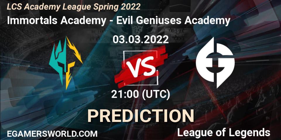 Immortals Academy vs Evil Geniuses Academy: Match Prediction. 03.03.2022 at 21:00, LoL, LCS Academy League Spring 2022