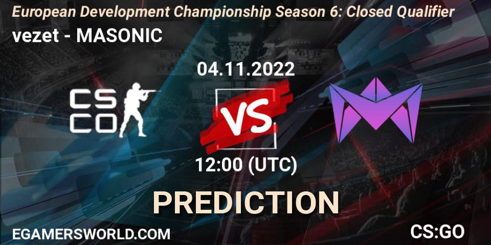 vezet vs MASONIC: Match Prediction. 04.11.2022 at 12:00, Counter-Strike (CS2), European Development Championship Season 6: Closed Qualifier